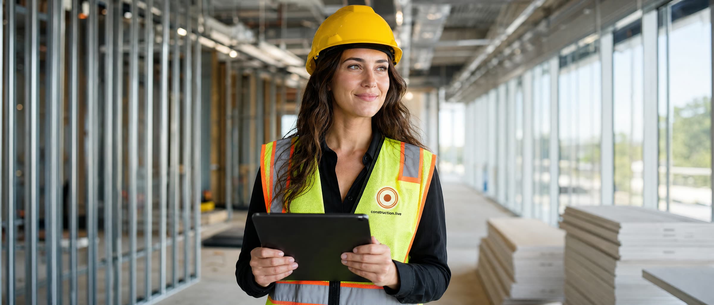 Site engineer reviewing the day's work on a tablet inside a building under construction