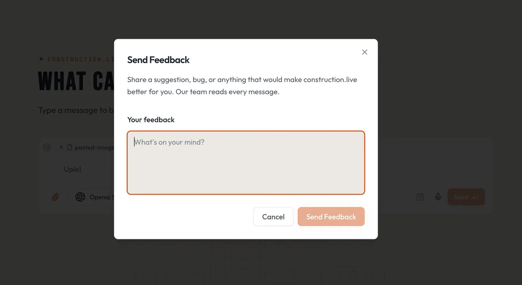 The construction.live feedback dialog, open over the app
